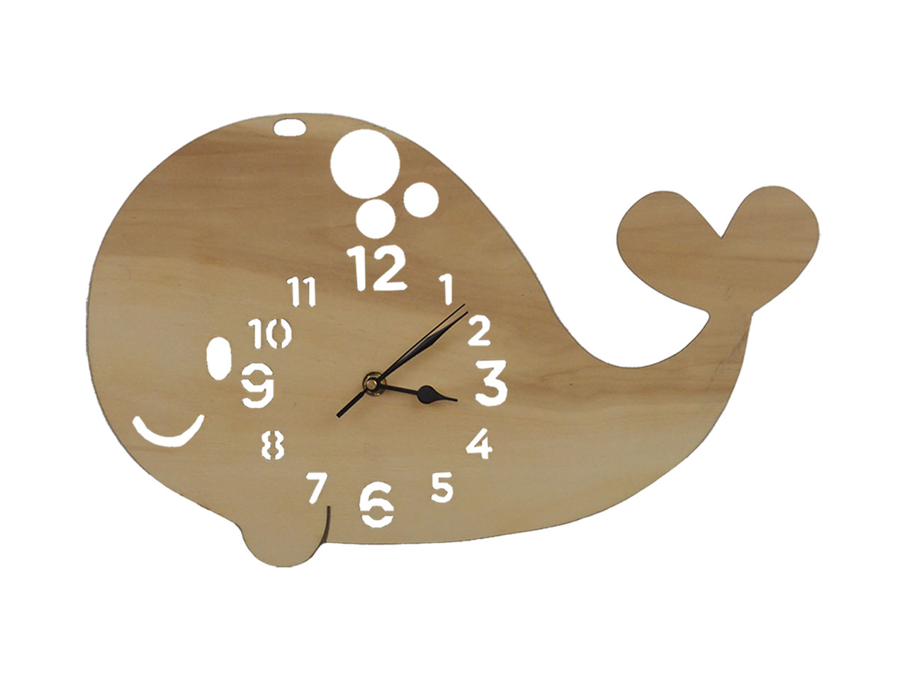 Horloge en forme de petite baleine très mignonne en bois vue de face