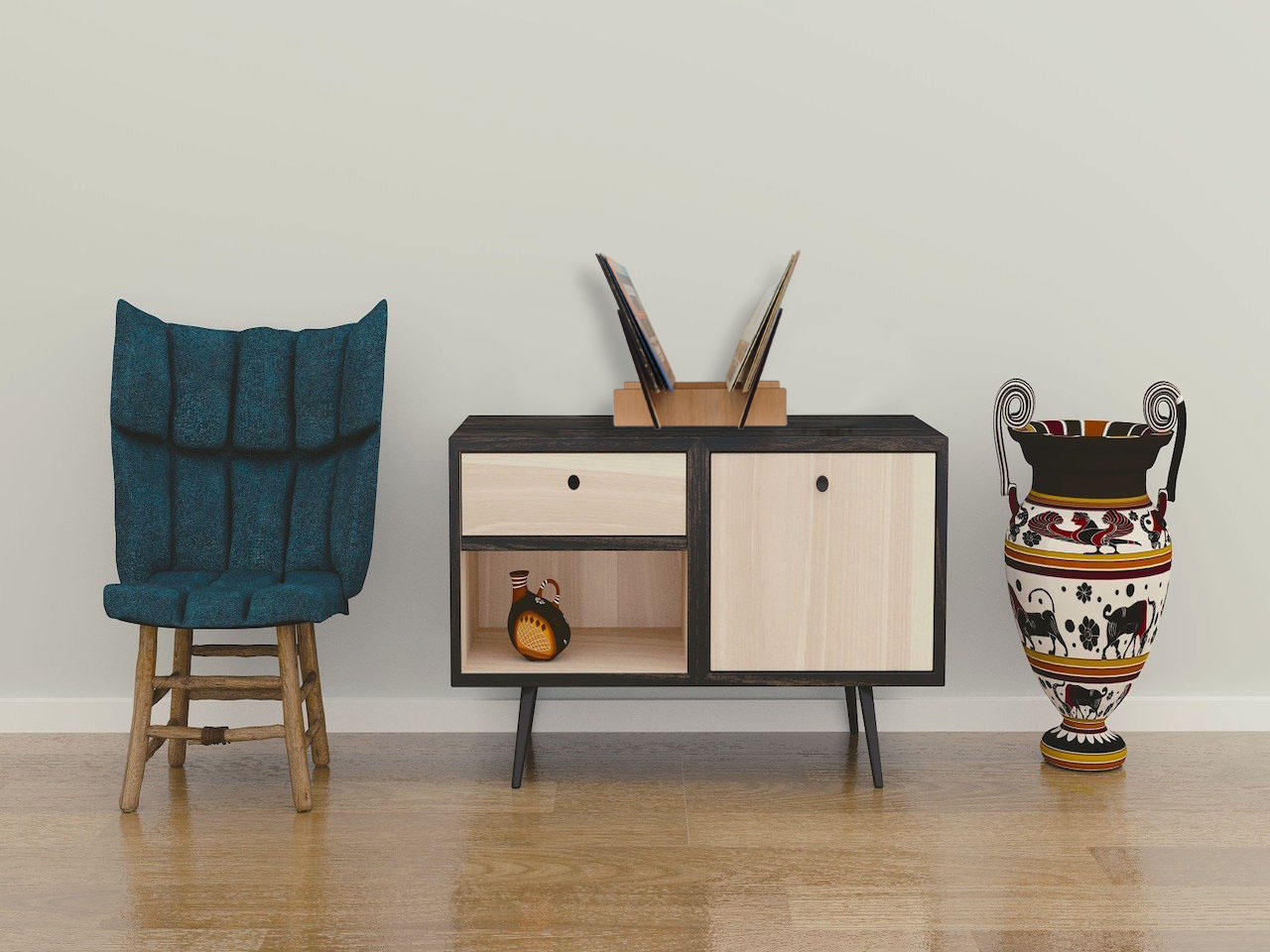 Rangement disques vinyles sur une étagère dans une jolie pièce